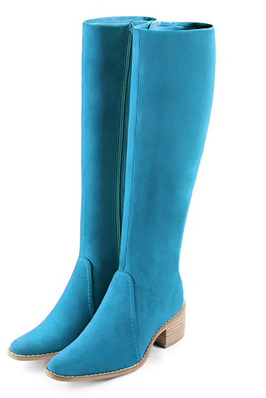 Turquoise blue women's riding knee-high boots. Round toe. Low leather soles. Made to measure. Front view - Florence KOOIJMAN